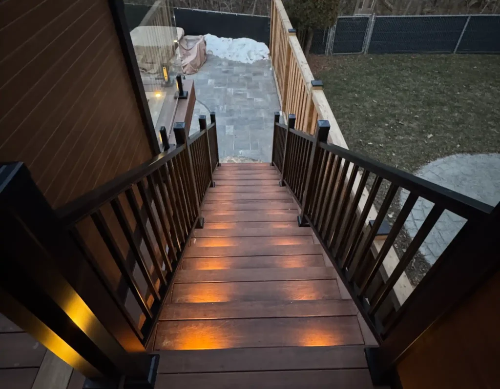 Top view of black aluminum deck stair railing